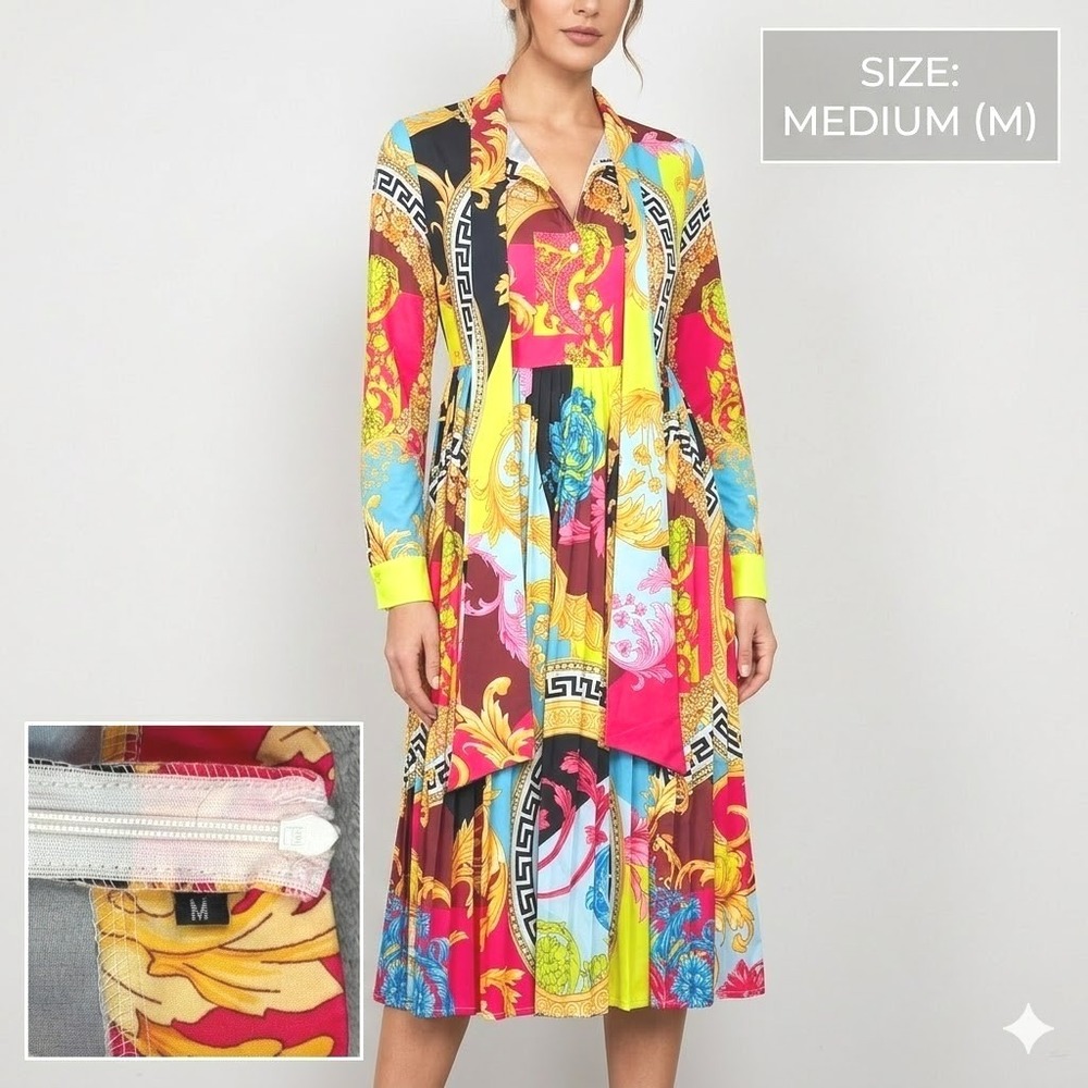 Women Baroque Greek Key Print Pleated Midi Dress Long Sleeve Scarf Neck Multi M
